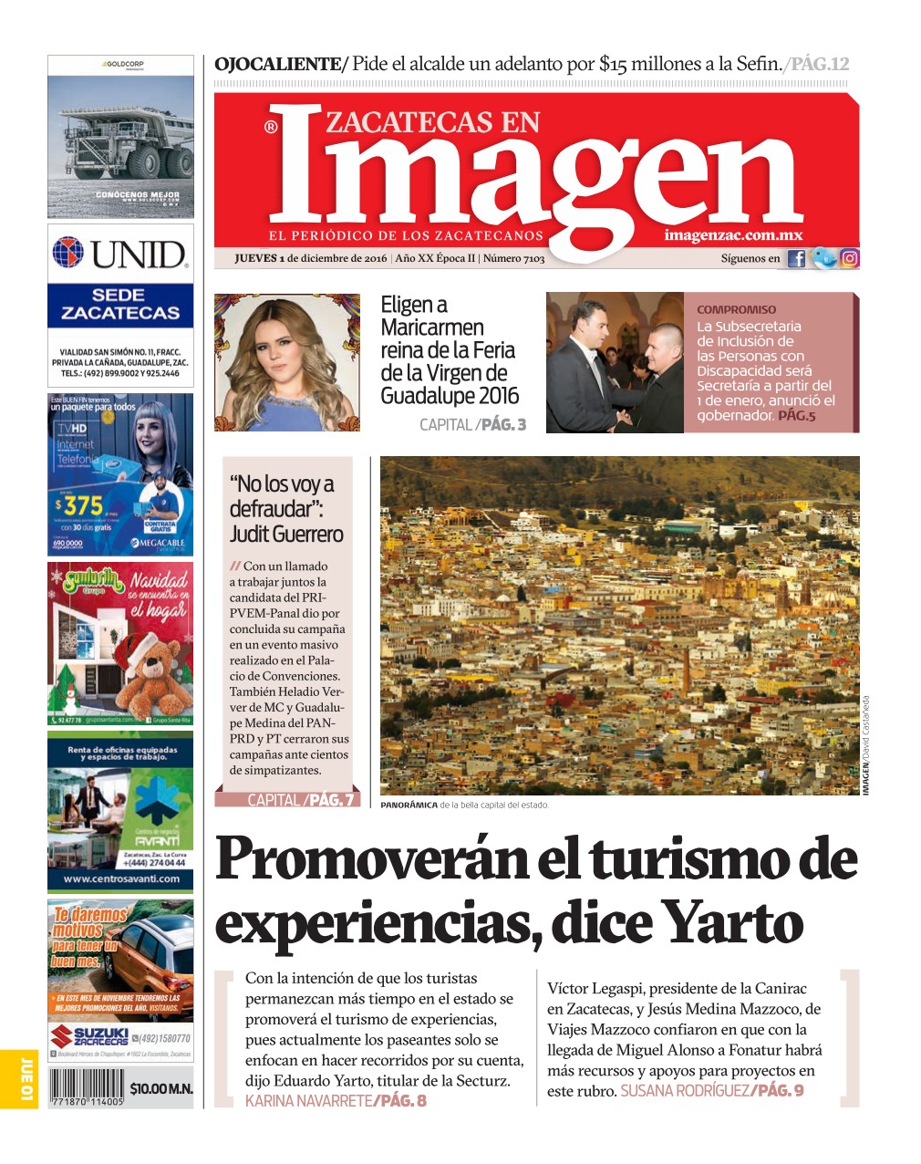 Imagen Zacatecas edición del 01 de Diciembre 2016