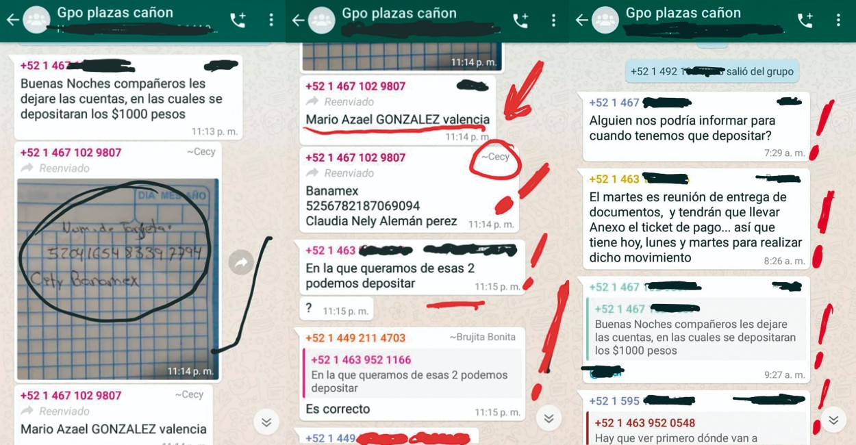 Capturas de pantalla del grupo de Whatsapp en el que pasan los números de cuenta