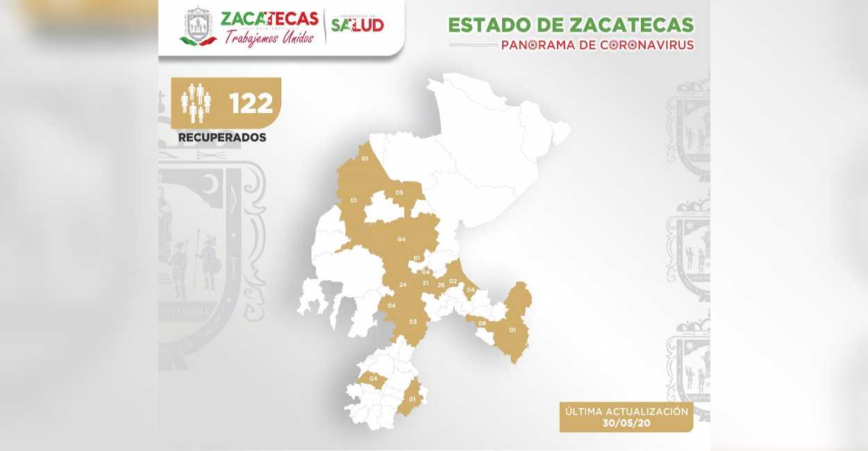 El mapa muestra los municipios de Zacatecas con pacientes recuperados de Covid-19.