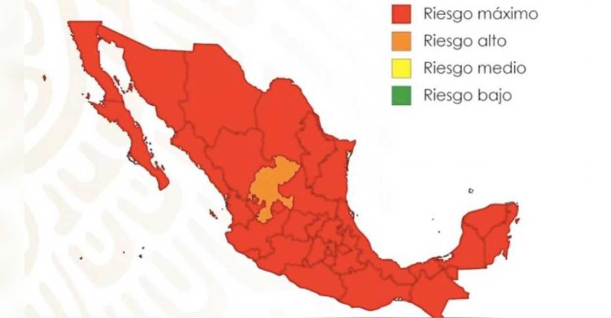Todos los estados se encuentran en alerta de riesgo máximo, excepto Zacatecas, que únicamente tiene riesgo alto.