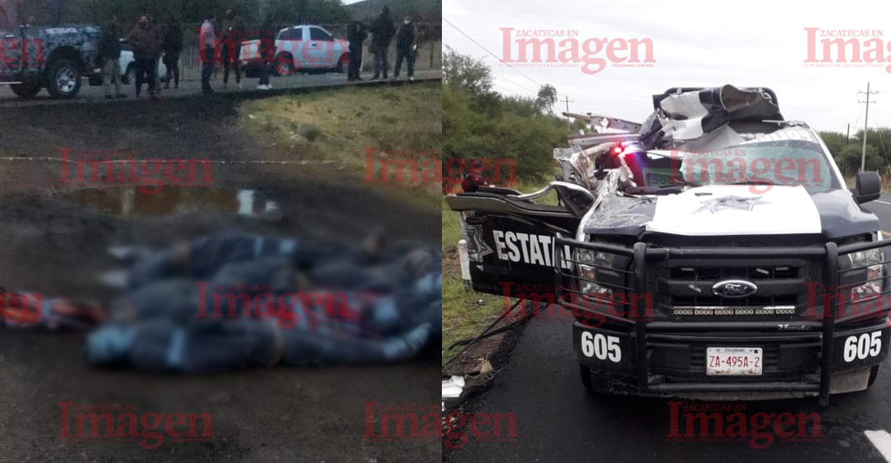 Cuerpos encontrados en Fresnillo (izquierda) y el choque de policías estatales (derecha).