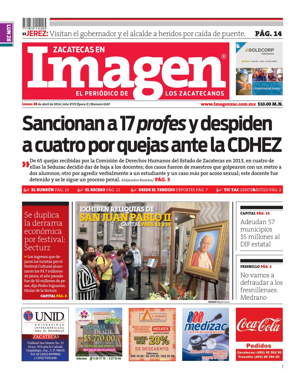 Imagen Zacatecas edición del 28 de Abril 2014