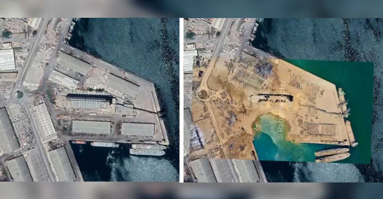 Imagen satelital del lugar del explosión, el antes y el después.| Foto: Twitter.