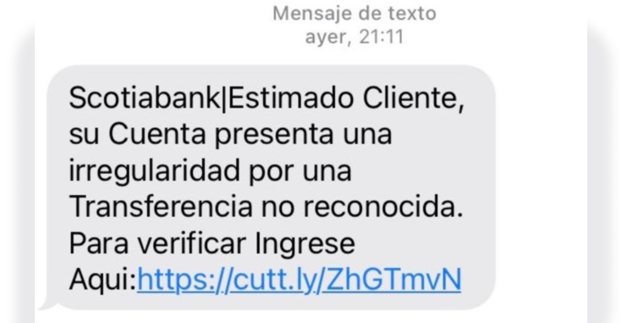 Scotiabank ha advertido a sus usuarios por este tipo de mensajes. | Foto: Twitter.
