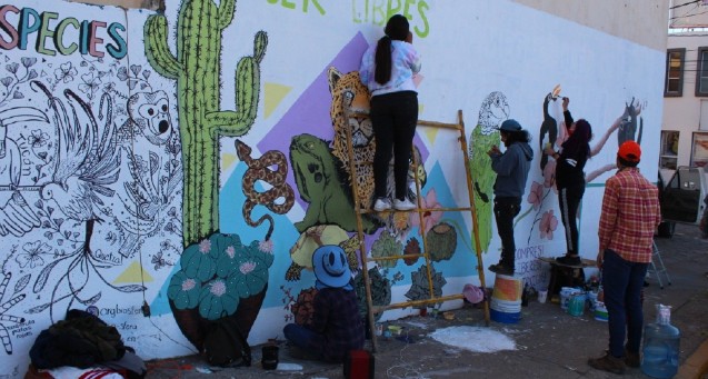 Un grupo de chavos talentosos le han dado color a un mural pa' hacer consciencia de las especies en peligro de extinción. / Fotos: Carlos Montoya.