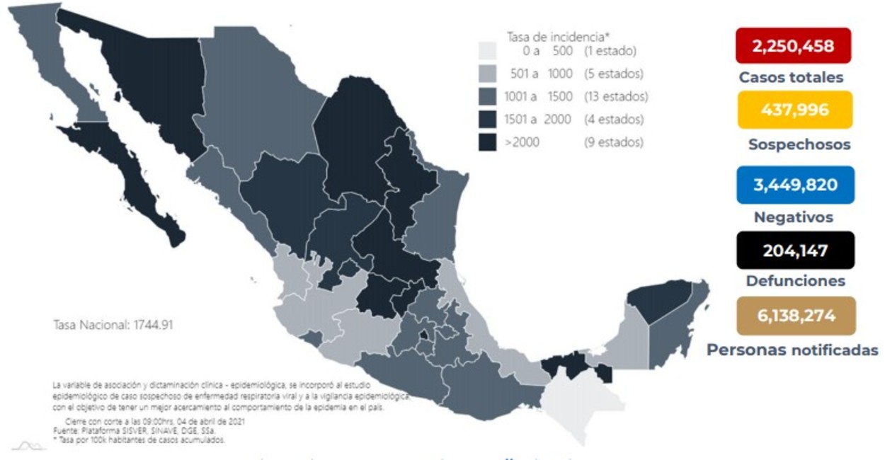 Mapa con la distribución de la tasa de incidencia de casos acumulados de Covid-19 por entidad de residencia. | Foto: Cortesía.