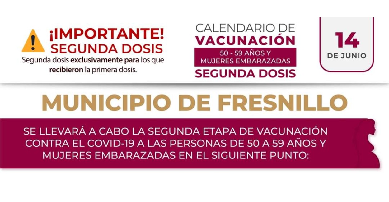 Calendario de vacunación anticovid en Fresnillo. | Foto: Cortesía.