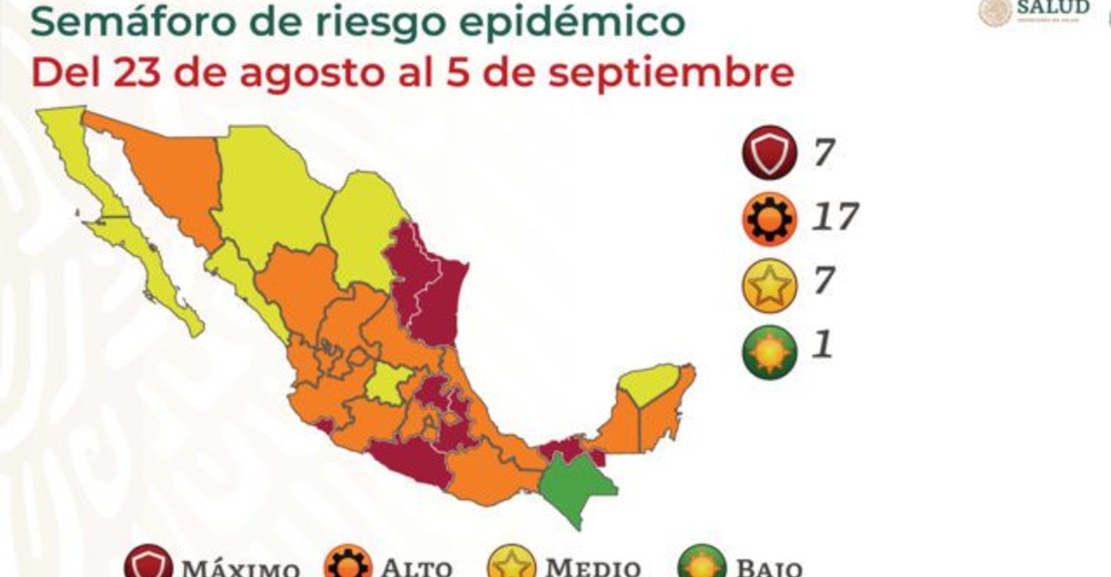 Semáforo de riesgo epidemiológico por el Covid-19 del 23 de agosto al 5 de septiembre. | Foto: Cortesía.