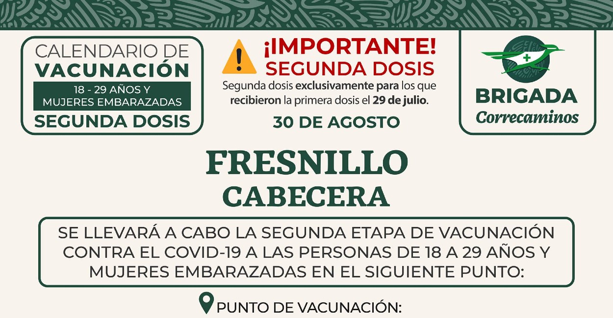 Calendario de vacunación contra el Covid-19 en Fresnillo, Zacatecas. | Foto: Cortesía.