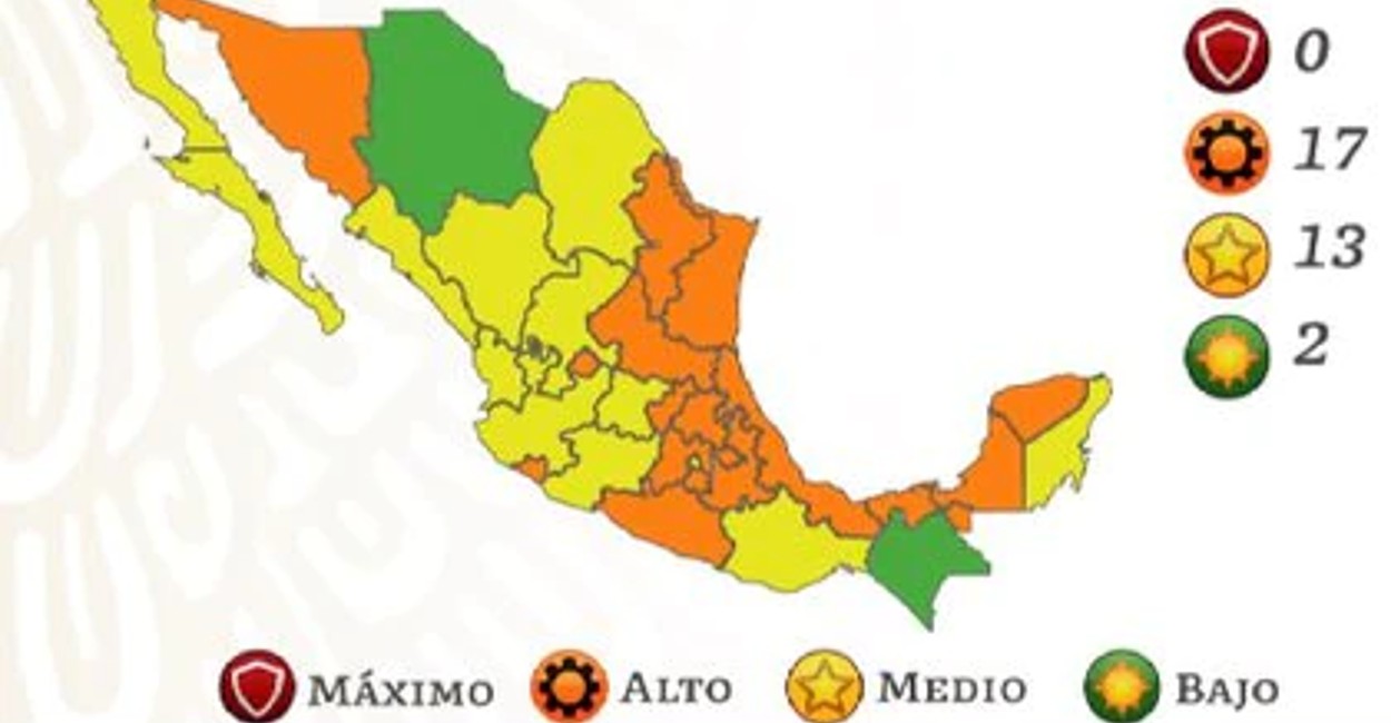 13 estados permanecen en color amarillo, entre ellos Zacatecas. | Foto: Cortesía.