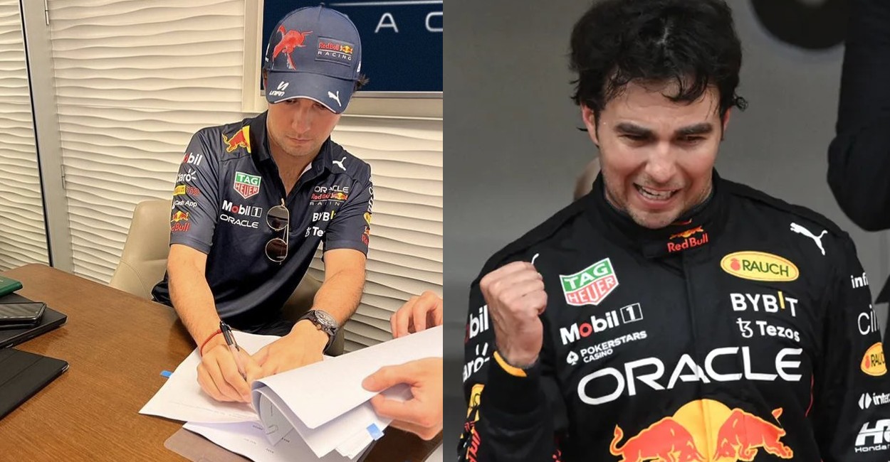 Checo Pérez firmando contrato con Red Bull