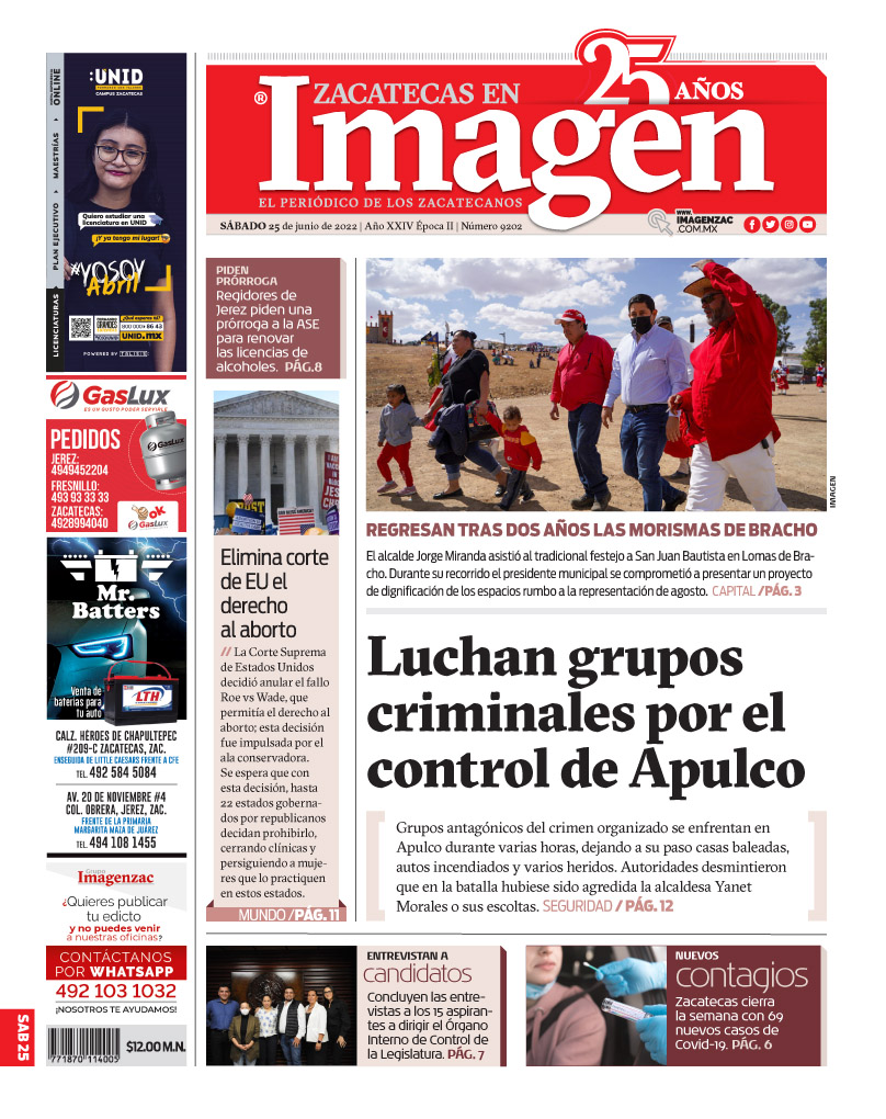 Imagen Zacatecas edición del 25 de junio de 2022