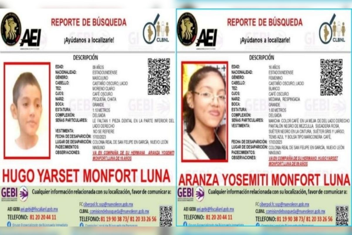 Después de que se reportaron como desaparecidos, los menores Aranza Monfort y Hugo Monfort, se localizaron con vida en el estado de Veracruz. | Foto: Cortesía.