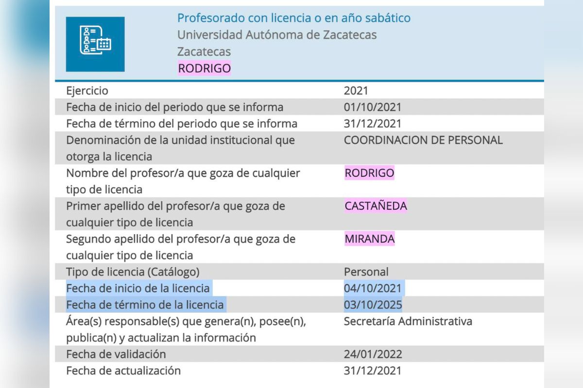 La PNT publicó el salario de Castañeda en la UAZ.