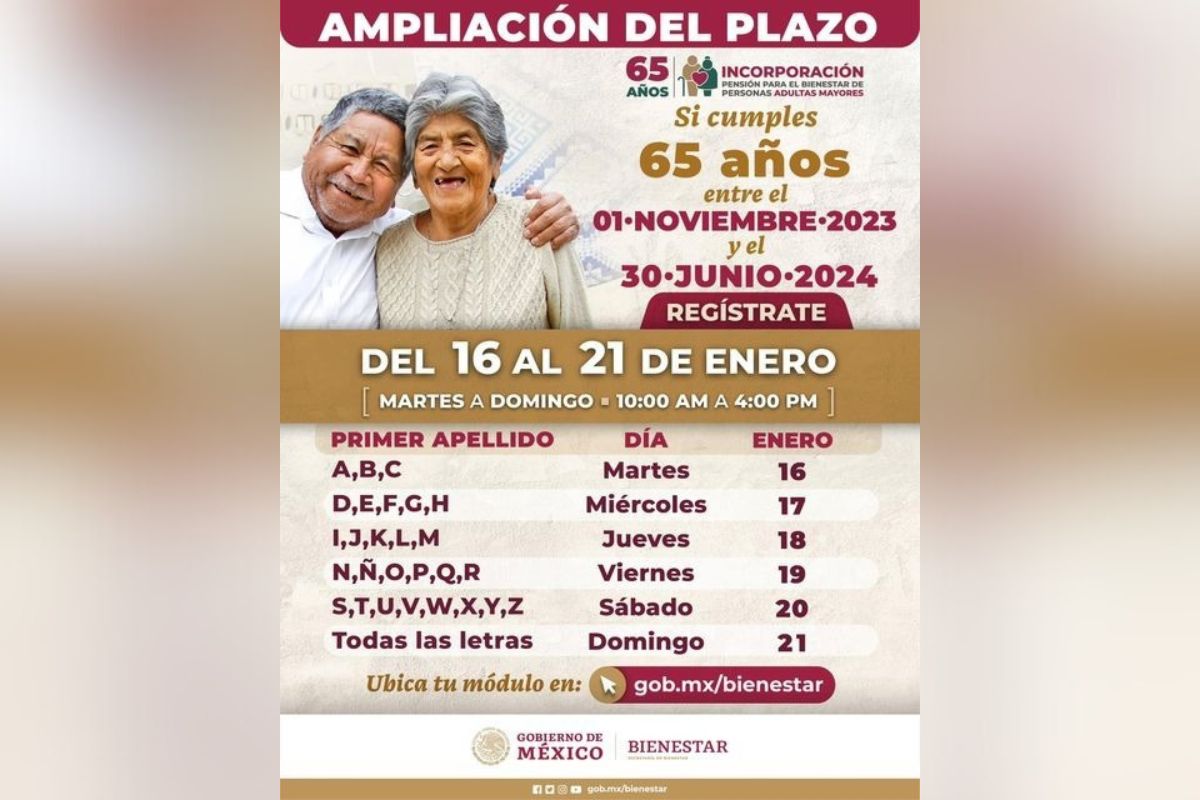 Ariadna Montiel Reyes, informó que se amplía el plazo del 16 al 21 de enero; para el registro a la Pensión para el Bienestar de las Personas Adultas Mayores a quienes cumplen 65 años