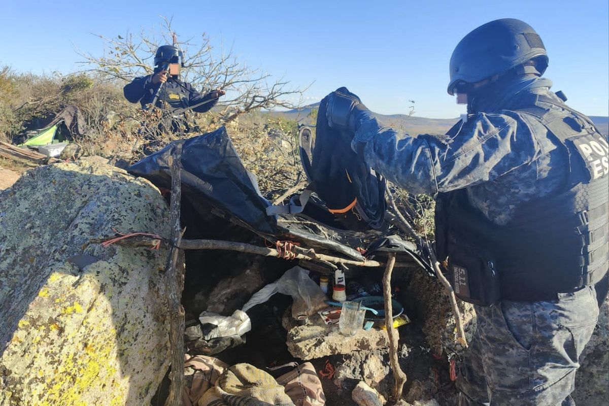 Al realizar reconocimientos aéreos y terrestres, las Fuerzas de Reacción Inmediata Zacateca (FRIZ) de la Policía Estatal Preventiva (PEP), Ejército Mexicano y Guardia Nacional ubicaron y destruyeron un campamento utilizado por un grupo delincuencial.