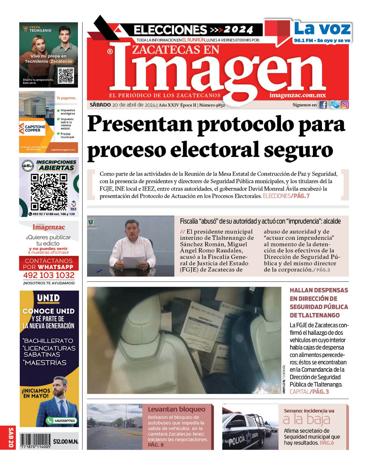Imagen Zacatecas edición del 20 de abril de 2024