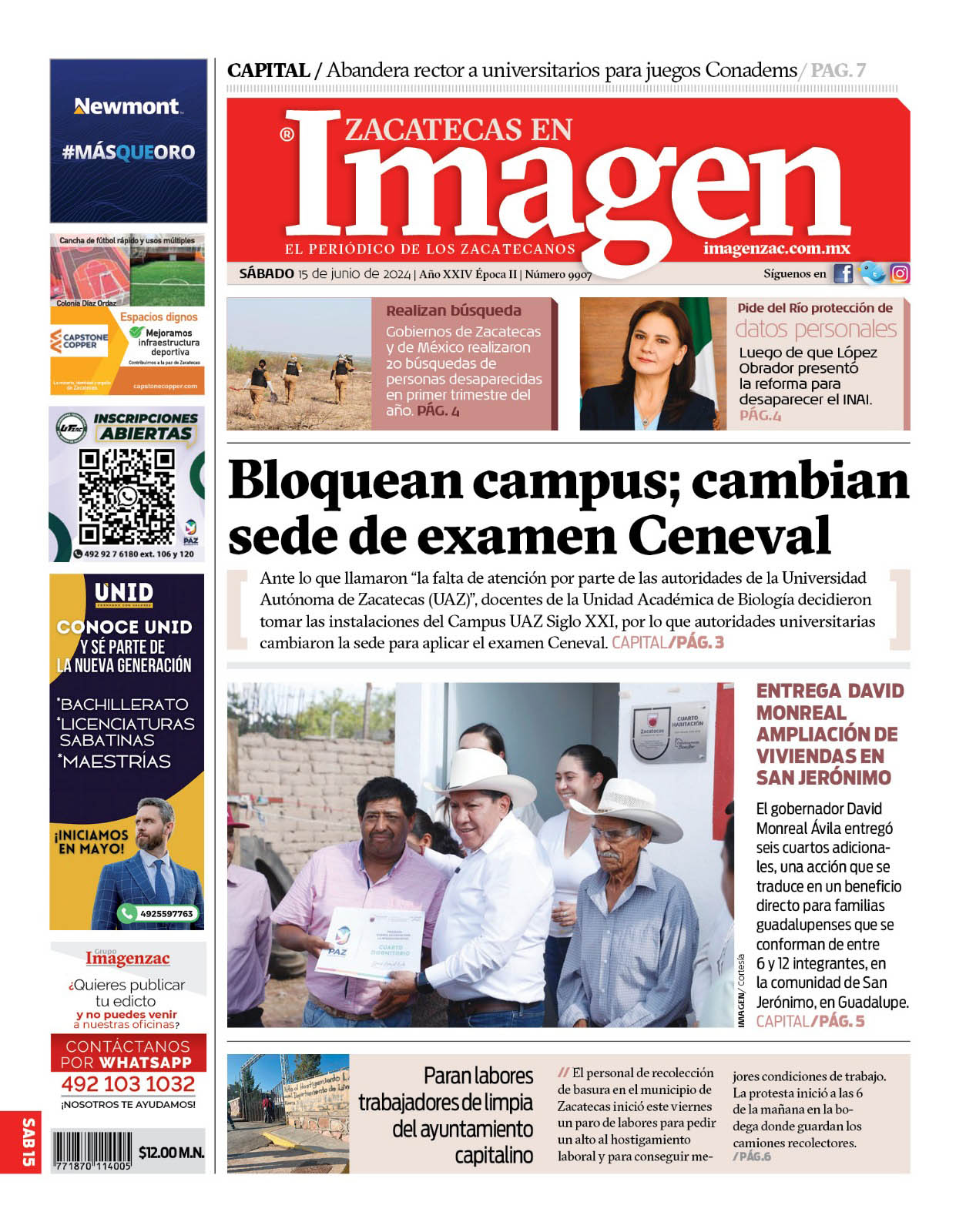 Imagen Zacatecas edición del 15 de junio de 2024